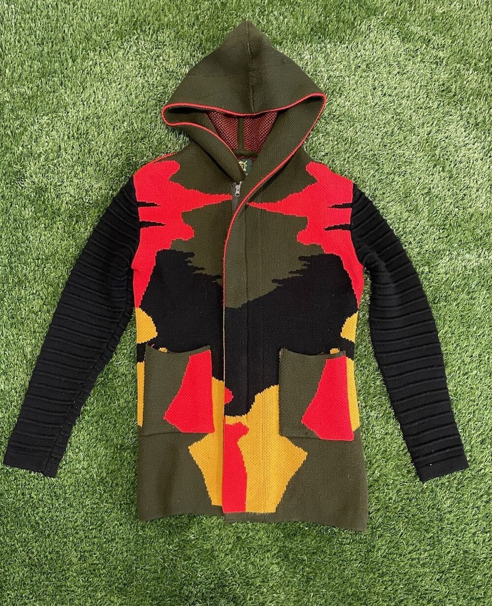 One In A Million Mens Hooded Cardigan Sweater Knit Long Jacket Green Red L